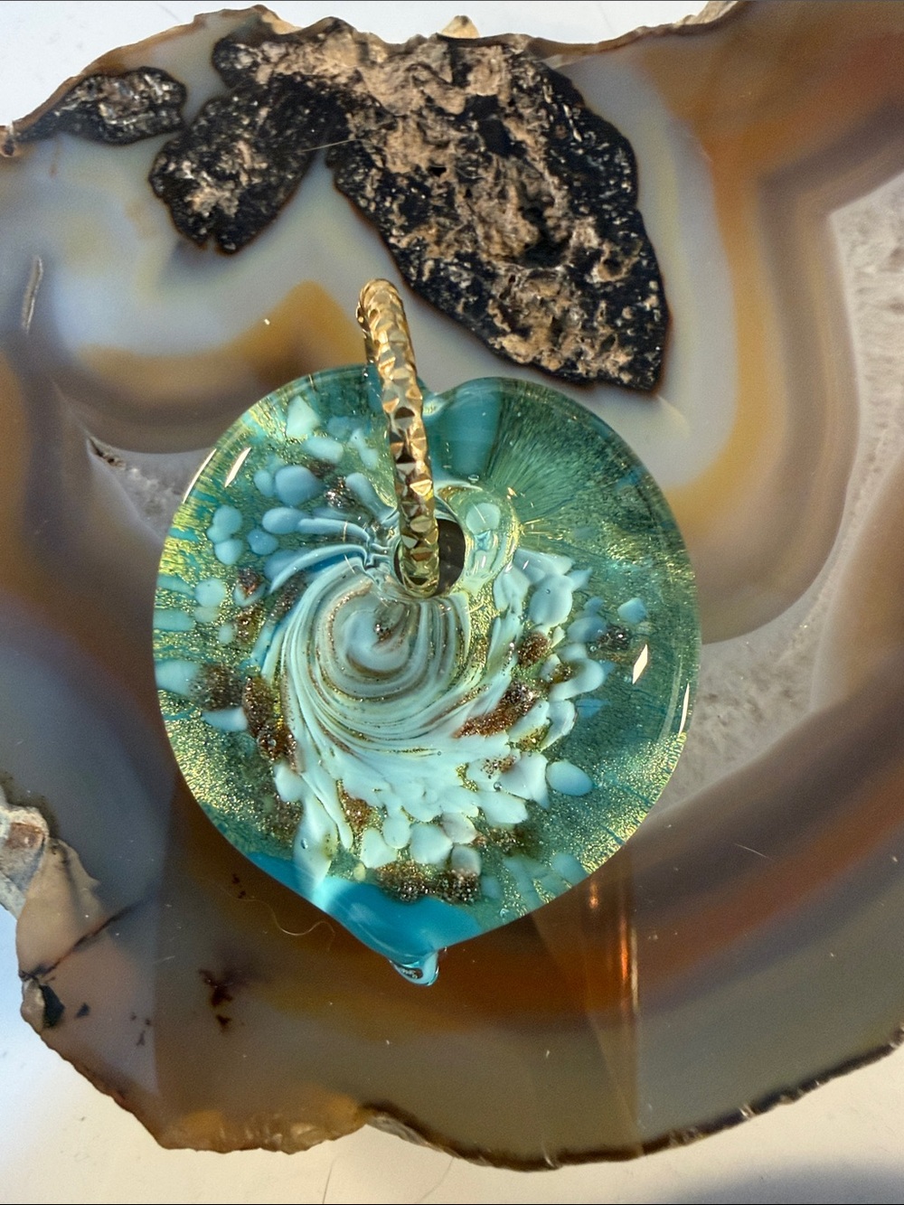 Murano Blue Glass Pendant with Gold Bail shimmers! New Bauer pendant